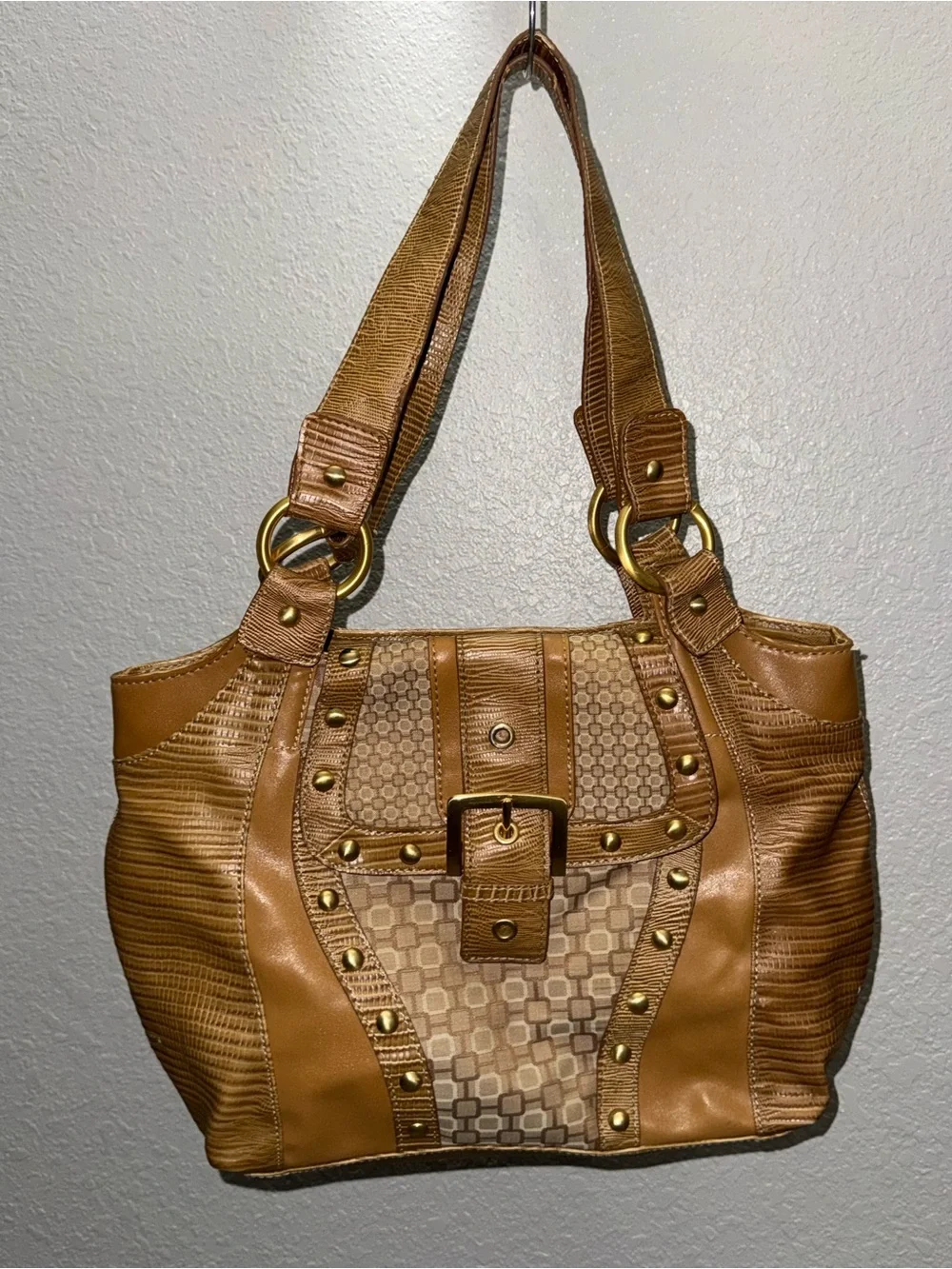 Vintage Y2K Nine West canvas and faux leather studded shoulder bag
